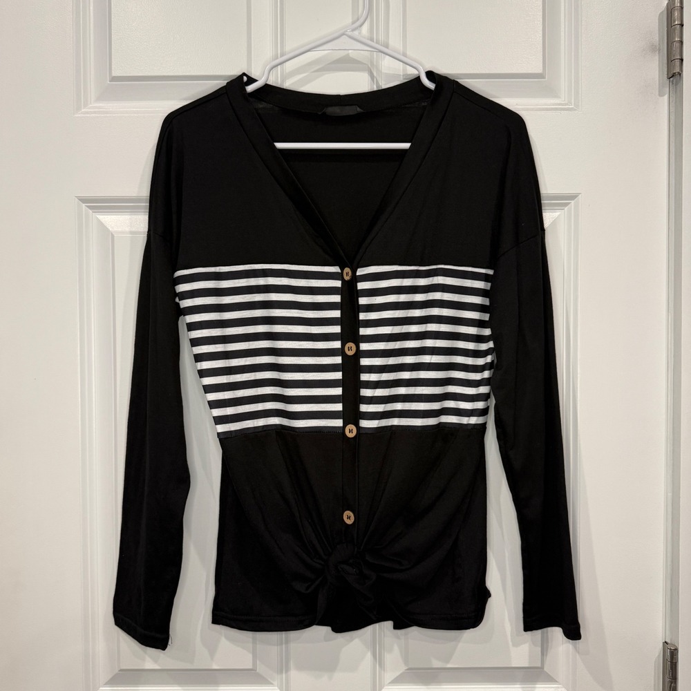 SHEIN Women Black White Striped Button Front Tie Knot Long Sleeve Top Size XS‎